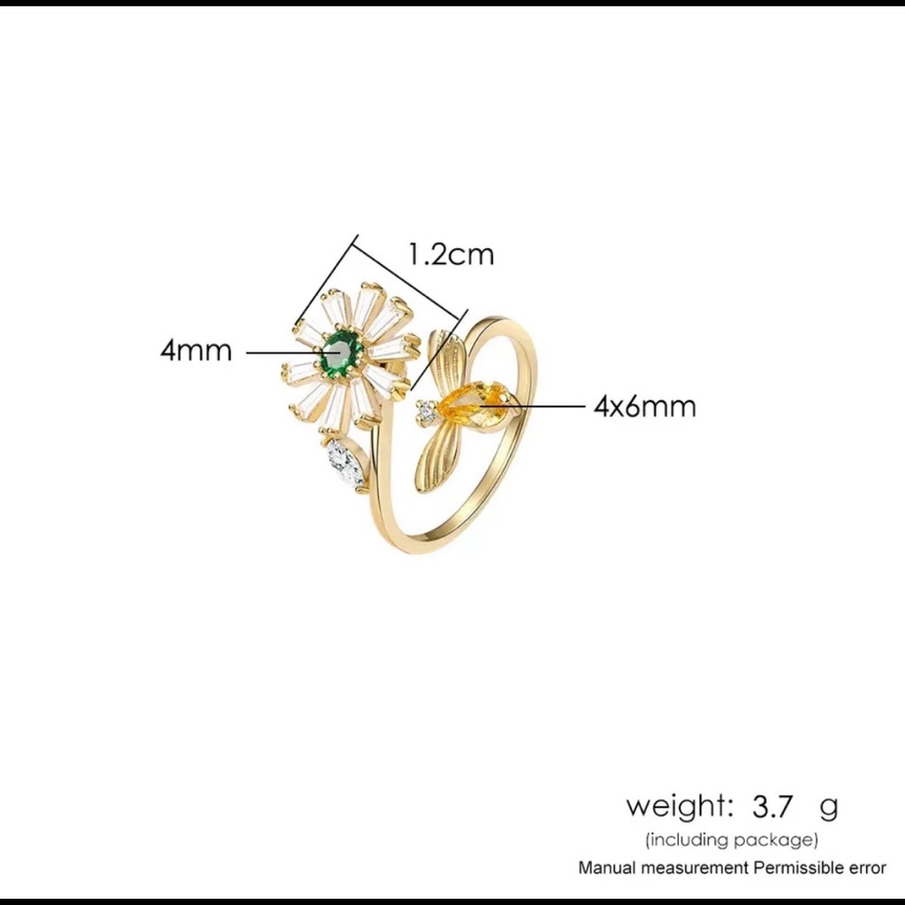 Fancy Fidget Spinner Rotating Daisy & Bee Crystal Yellow Gold Ring Adjustable OS - Picture 4 of 7